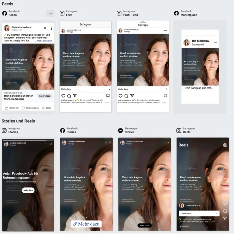 Darstellung der Facebook Ads Formate in verschiedenen Platzierungen